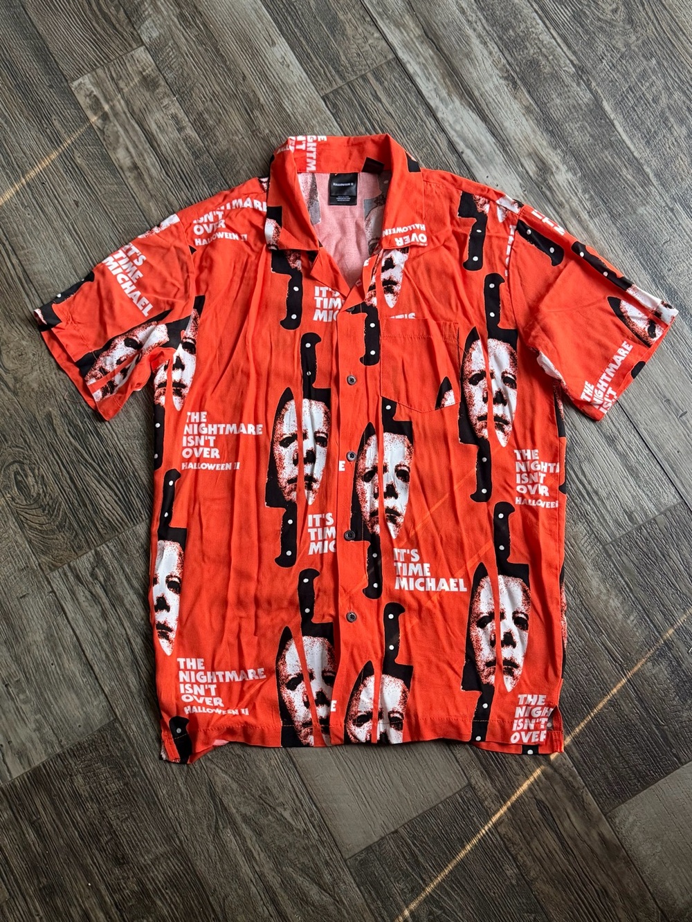 Orange and black Graphic Short Sleeve Shirt - Halloween Michael Print-size small